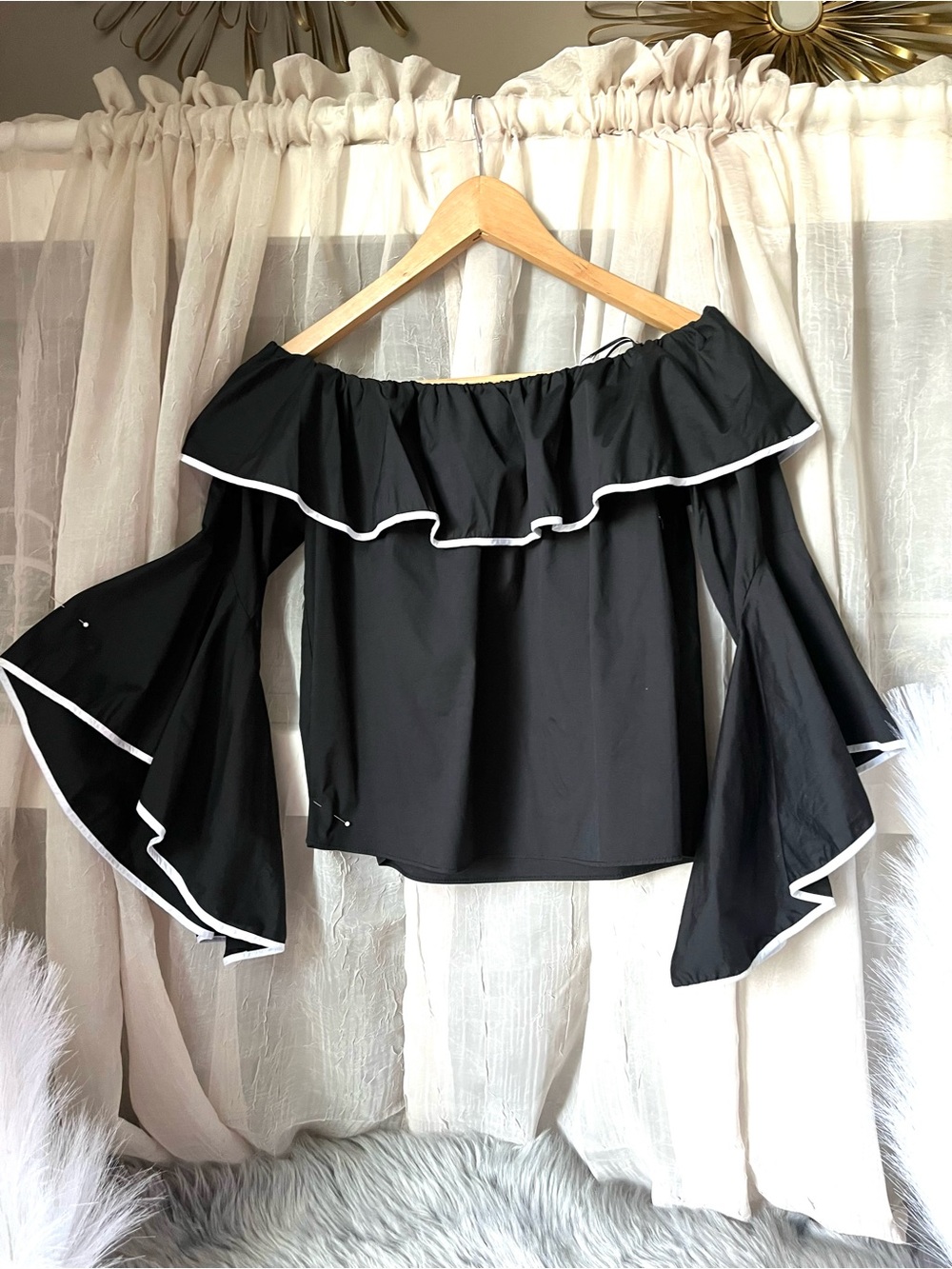 Zara Black Off-Shoulder Ruffle Top with White Trim